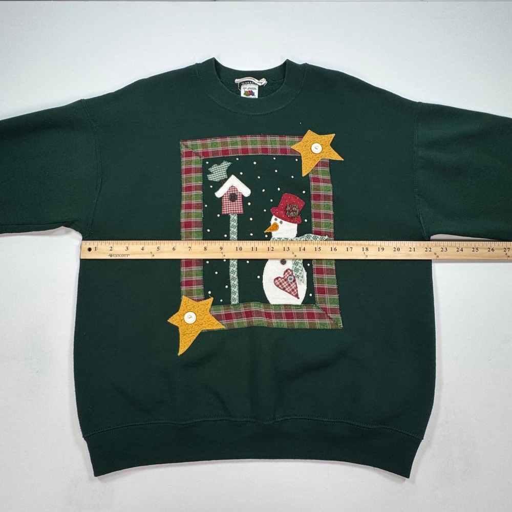 Vintage Fruit of the Loom Snowman Christmas Sweatshirt Green Large Made in USA - Picture 10 of 10